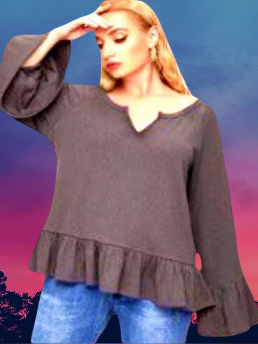 🆕Women’s plus-size Charcoal gray long/flounce-sleeve Knit Top❤️❤️3X